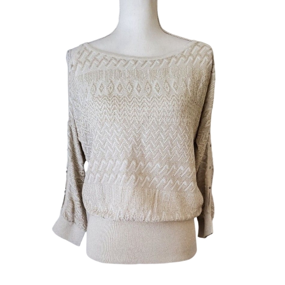 White House Black Market Cream Metallic 3/4 Sleeve Cold Shoulder Sweater Size M